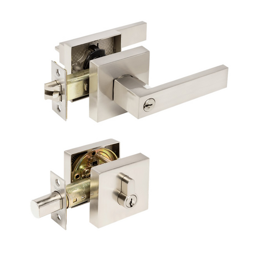 Trident Door Handle Lever On Square Rose Combination Set Brushed Nickel