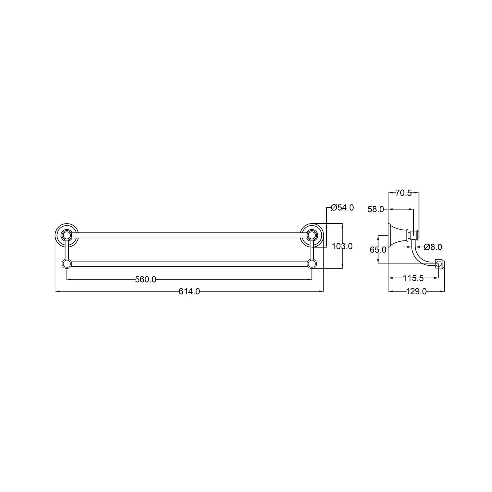 Ikon Clasico Double Towel Rail 600mm Brushed Nickel