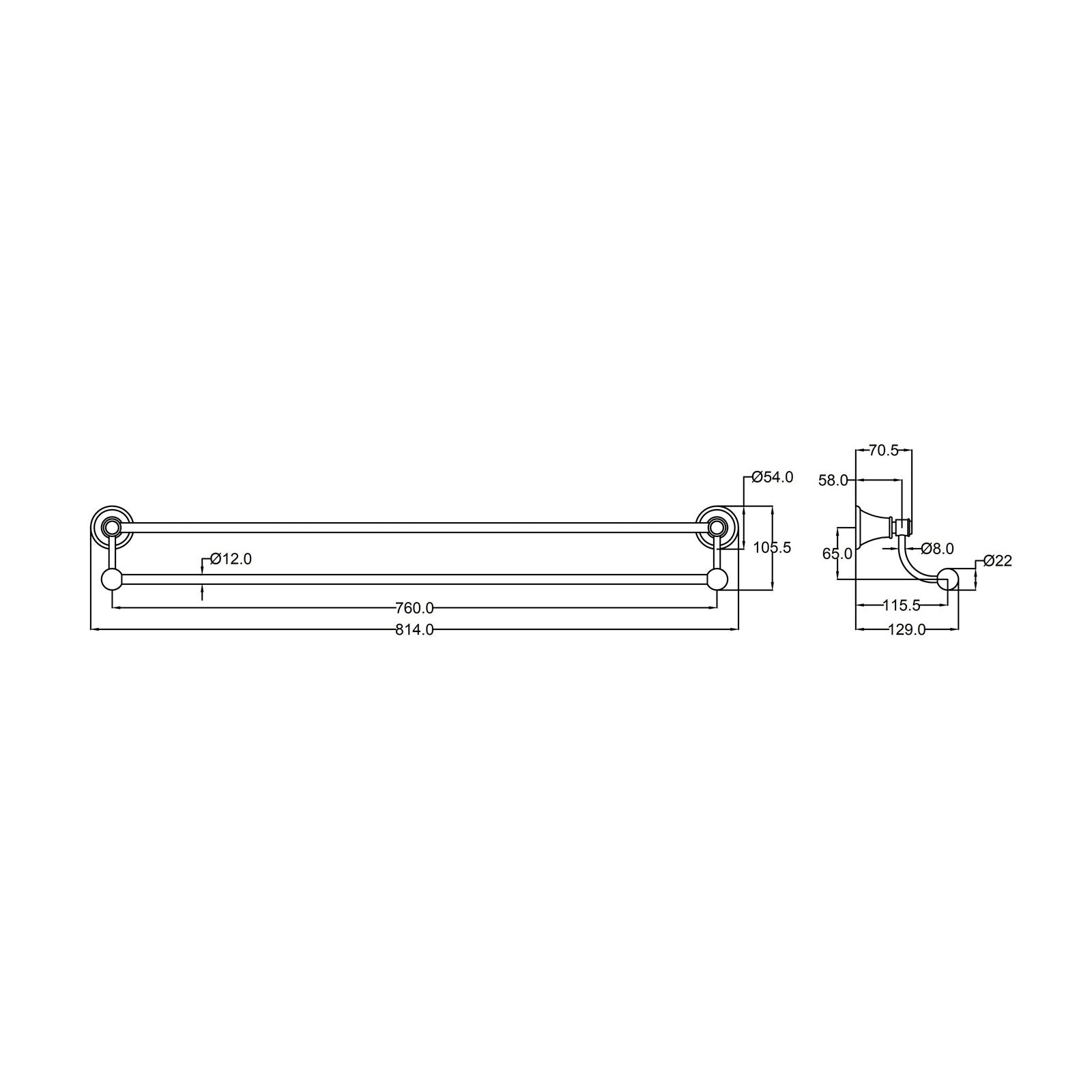 Ikon Clasico Double Towel Rail 800mm Brushed Gold