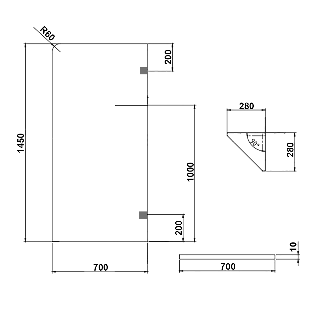 Frameless Bath Panel Shower Screen 700x1450mm Matte Black