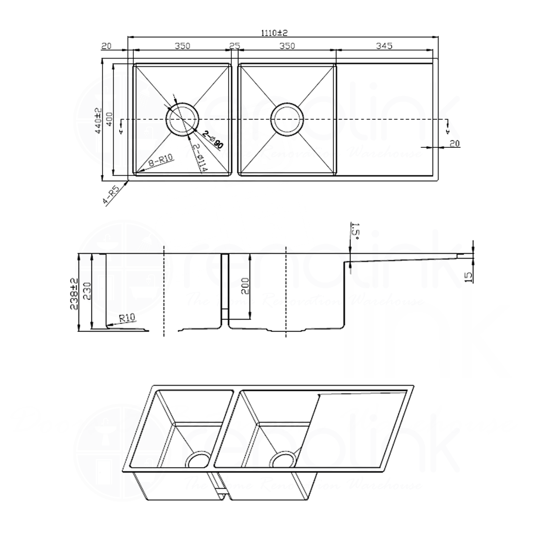 1110X440 Handmade Laundry Kitchen Sink Top/Under Mount Stainless Steel