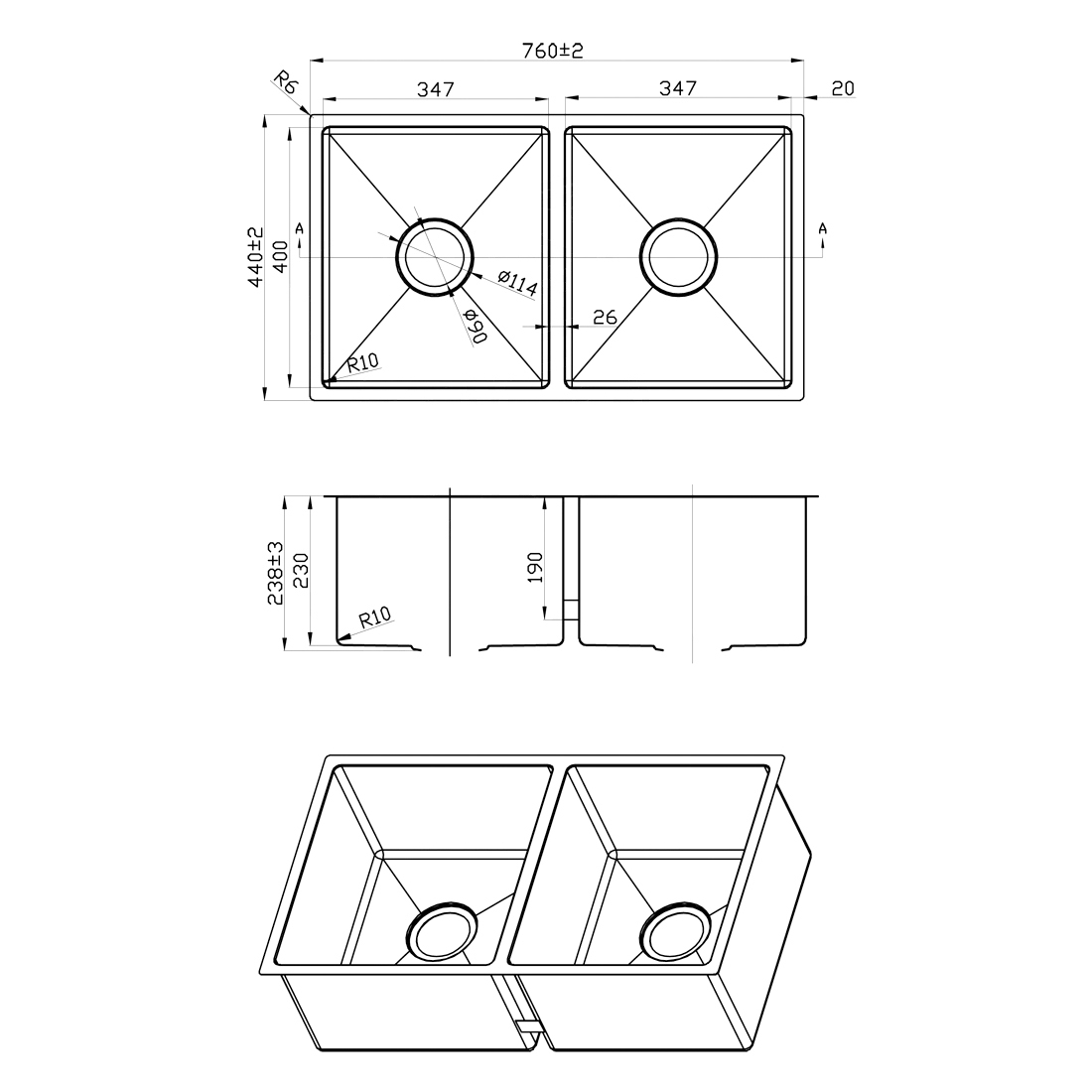 760X440mm Handmade Laundry Kitchen Sink Top/Under Mount Gun Metal