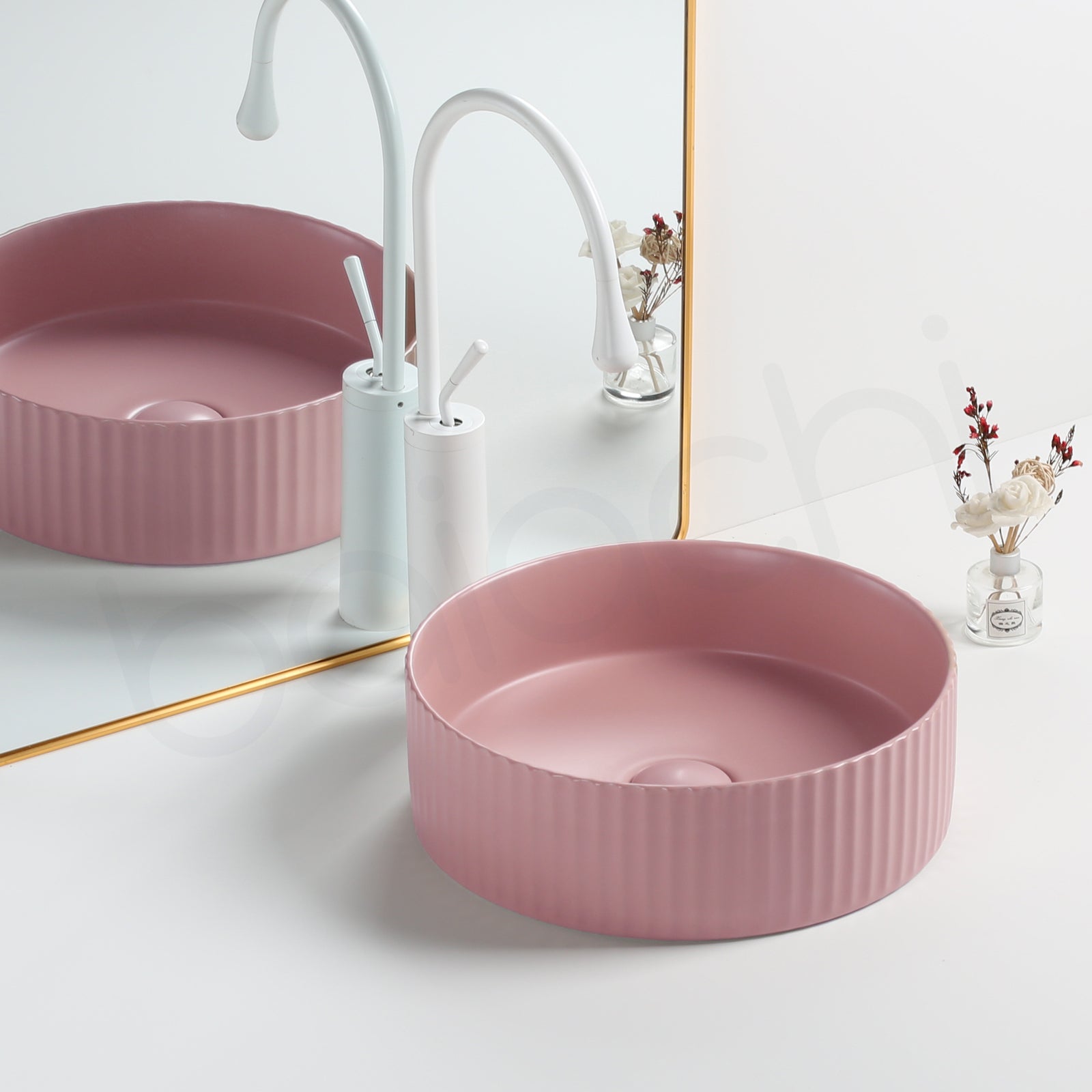 Baiachi 400mm Ceramic Above Counter Fluted Basin Matte Pink