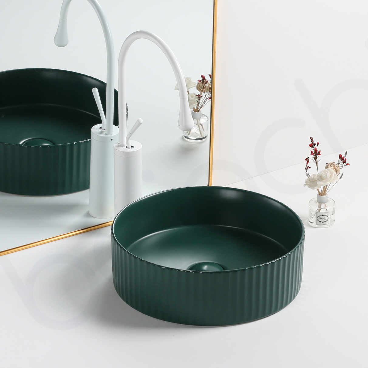 Baiachi 400mm Ceramic Above Counter Fluted Basin Matte Green