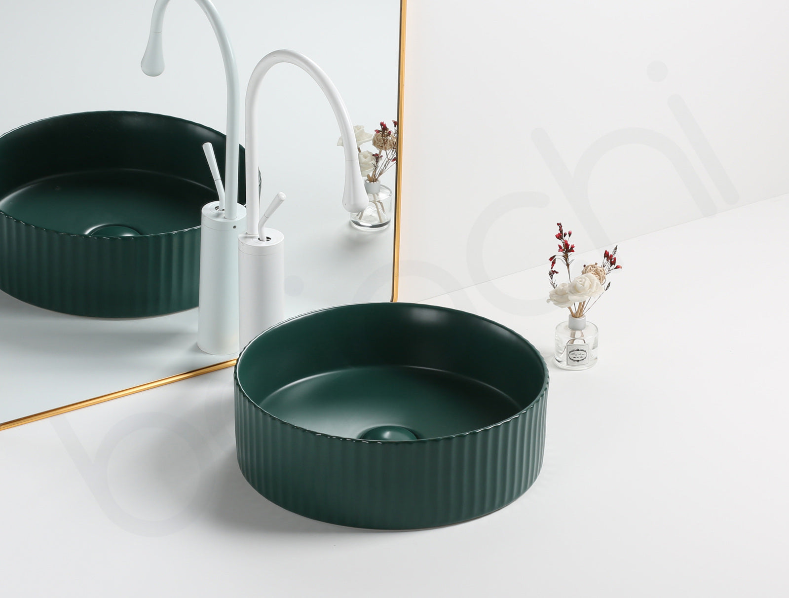 Baiachi 400mm Ceramic Above Counter Fluted Basin Matte Green