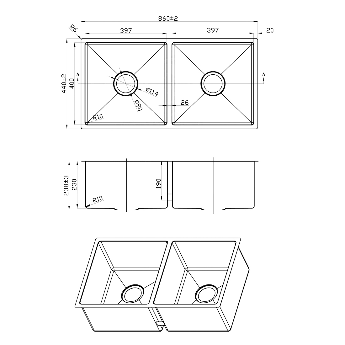 860X440mm Handmade Laundry Kitchen Sink Top/Under Mount Gun Metal