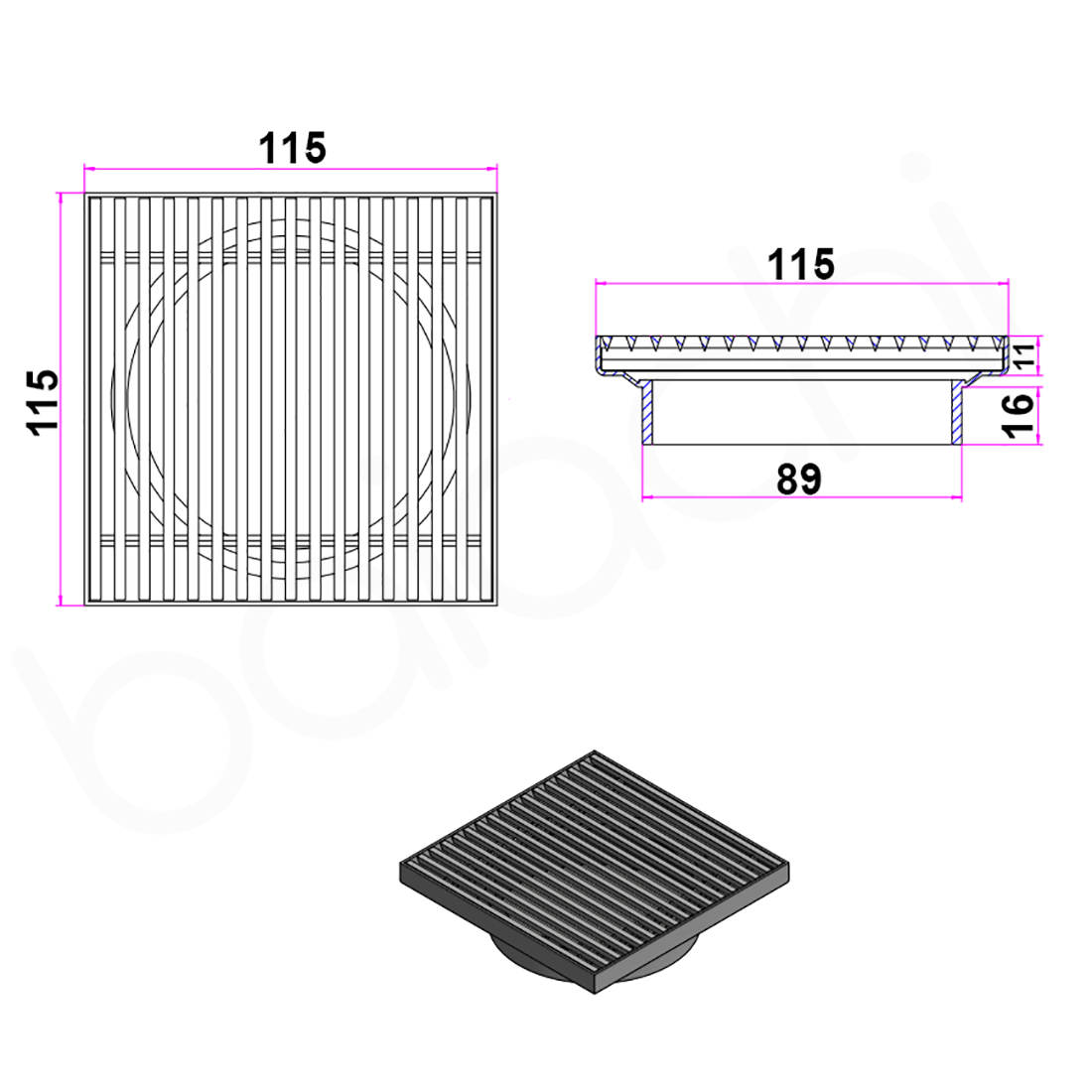 Baiachi 115mm Square Heelguard Floor Waste Brushed Gold