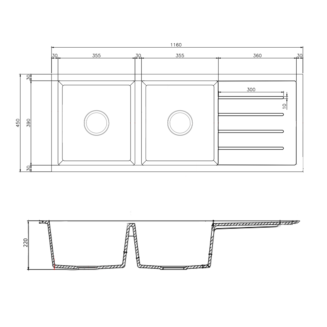 Baiachi Double Bowl and Drainer Granite Kitchen Sink Black