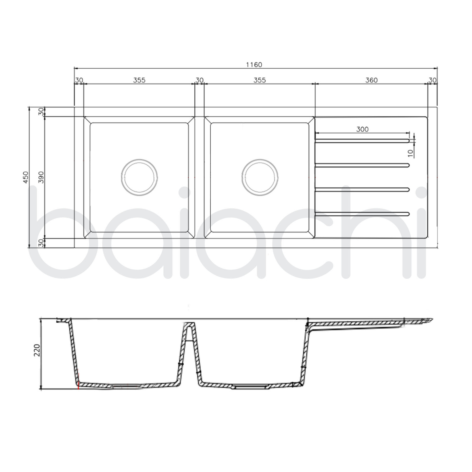 Baiachi Double Bowl and Drainer Granite Kitchen Sink White