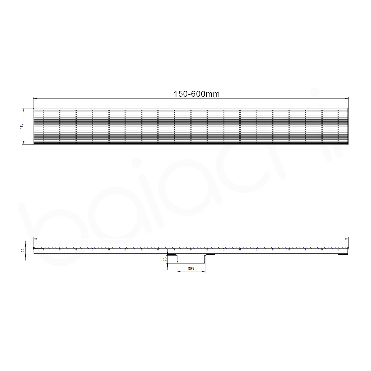 150-600x115mm Linear Heelguard Adjustable Floor Waste Brushed Gold