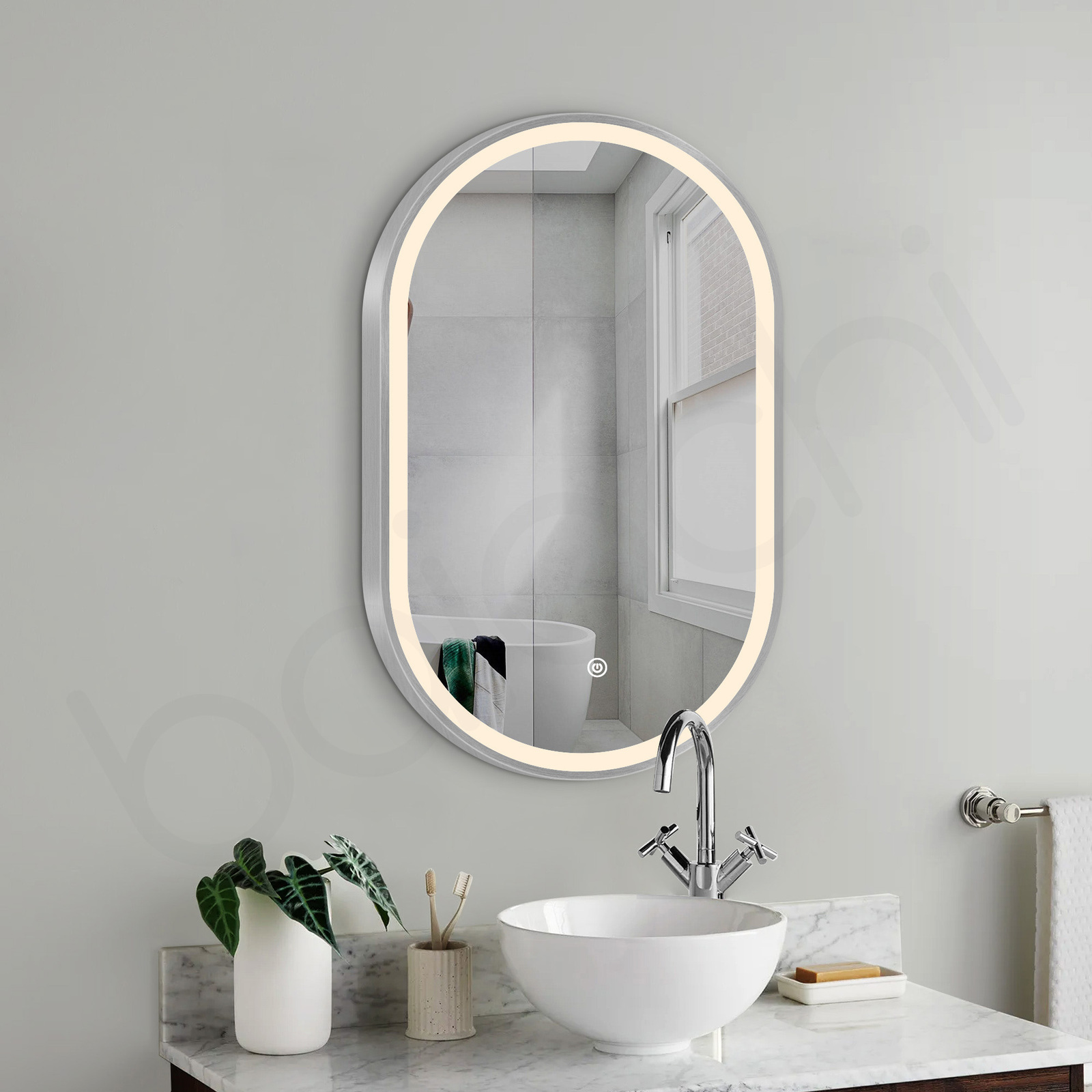 Baiachi Cora LED Oval 600mmx900mm Frame Mirror Brushed Silver