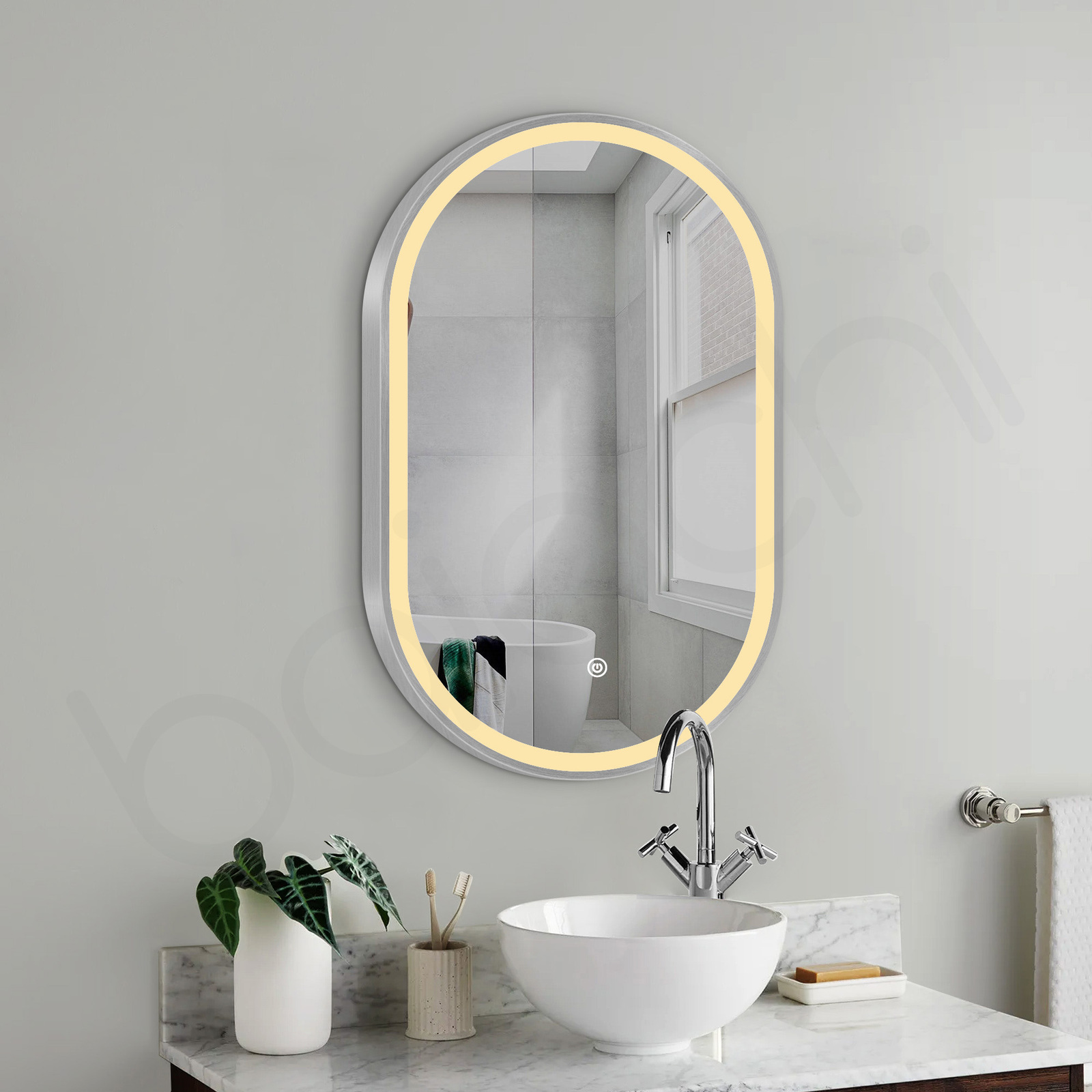 Baiachi Cora LED Oval 600mmx900mm Frame Mirror Brushed Silver