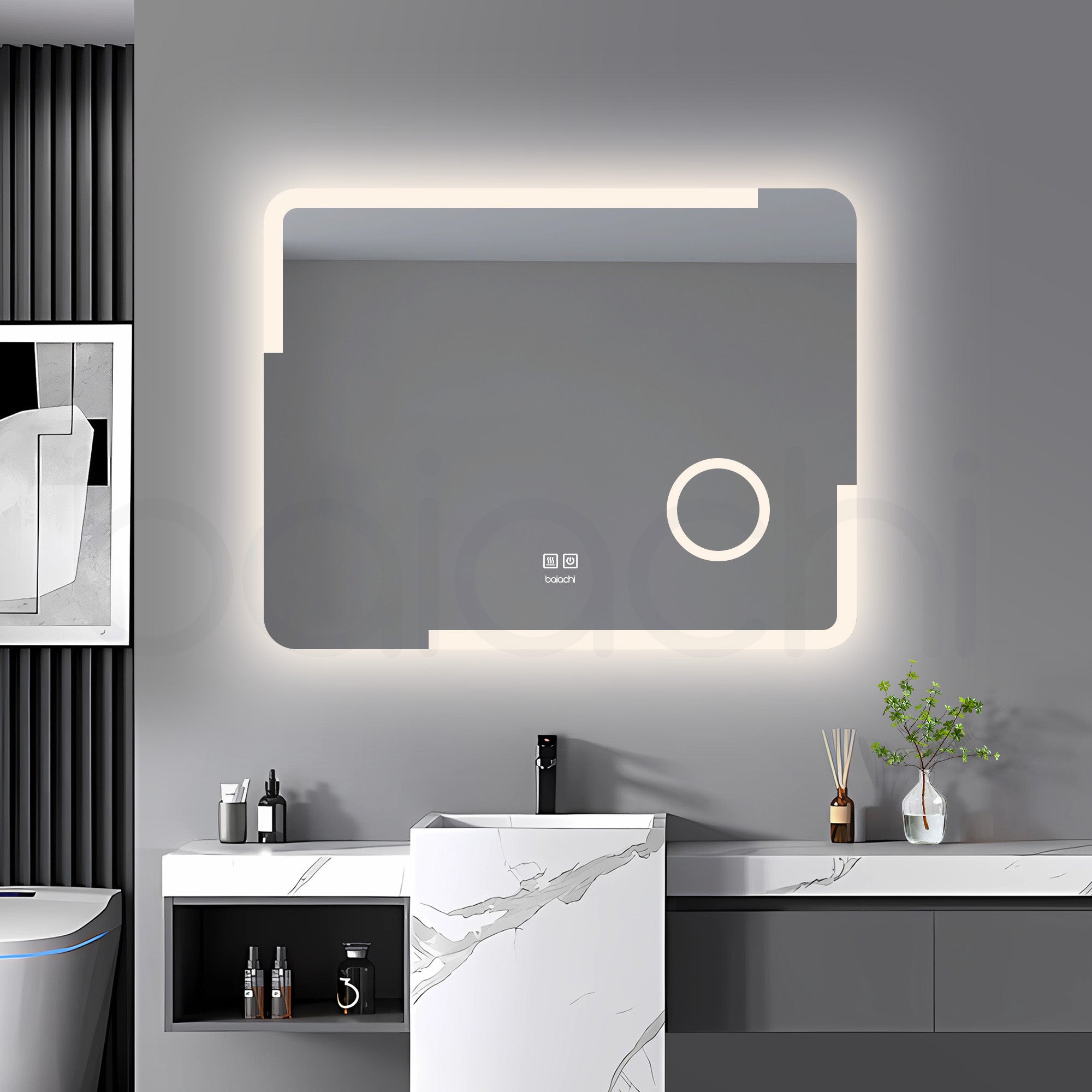 Baiachi LED Square 900x700mm Anti-Fog Mirror with Magnifier