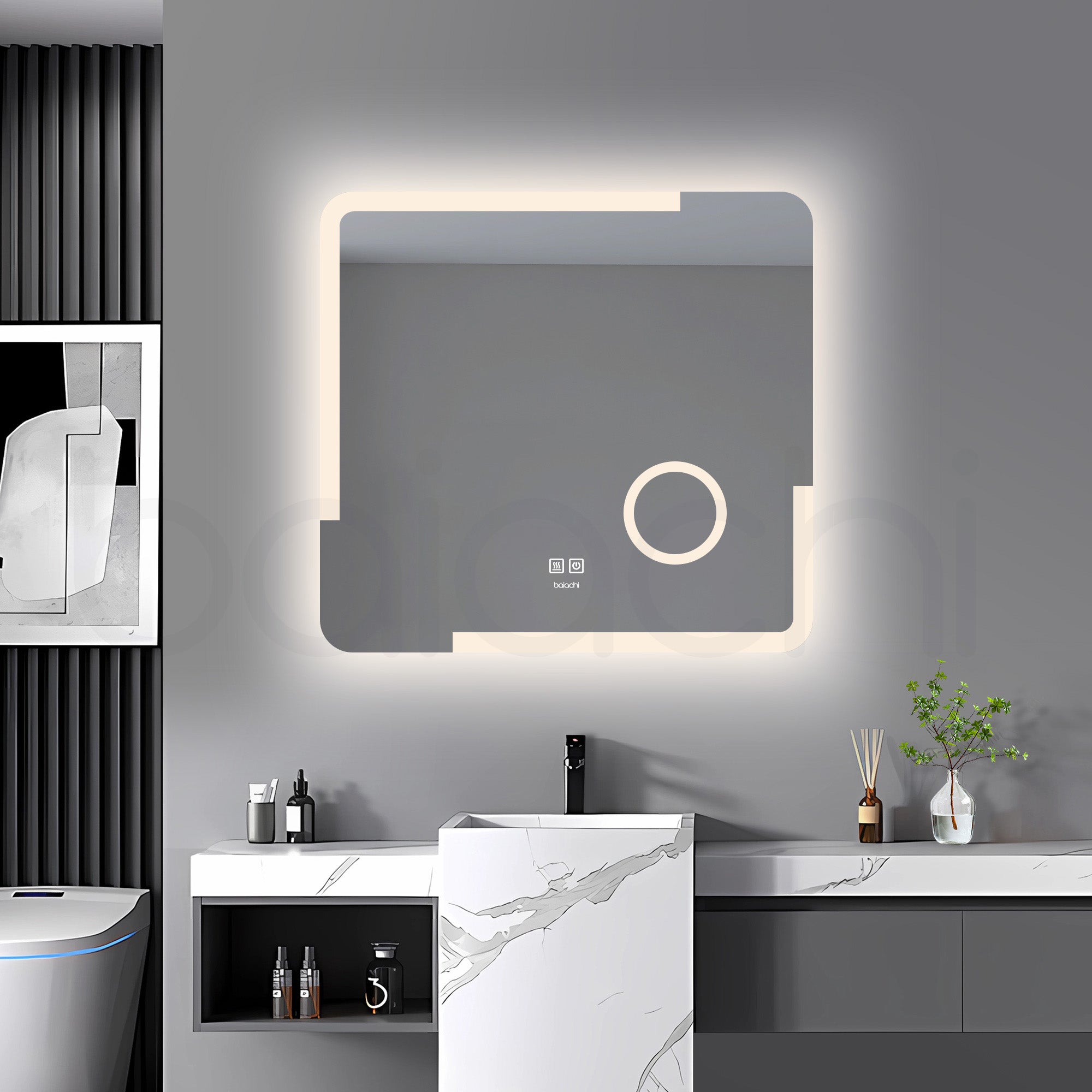 Baiachi LED Square 750x700mm Anti-Fog Mirror with Magnifier