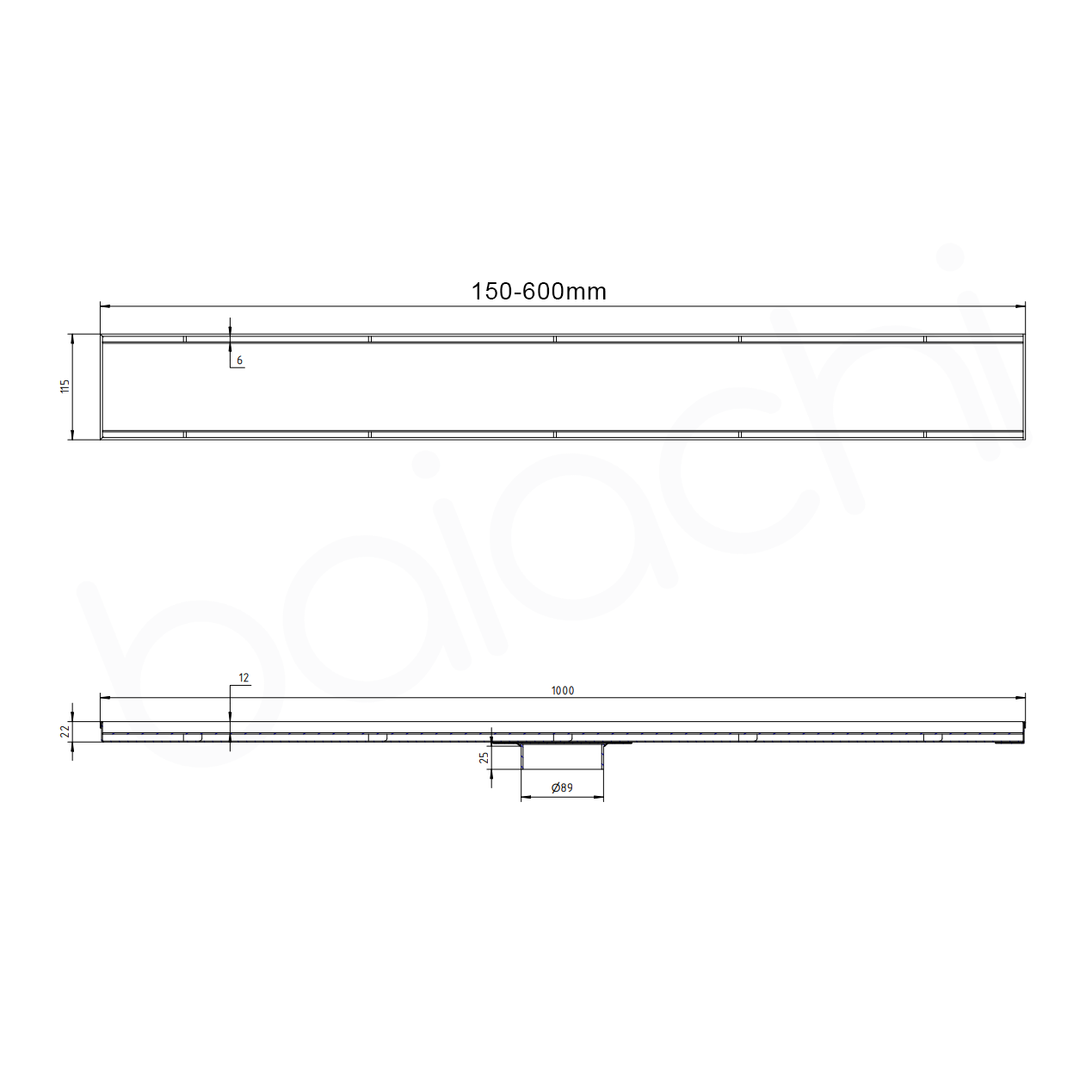 150-600x115mm Linear Tile Insert Adjustable Floor Waste Gun Metal