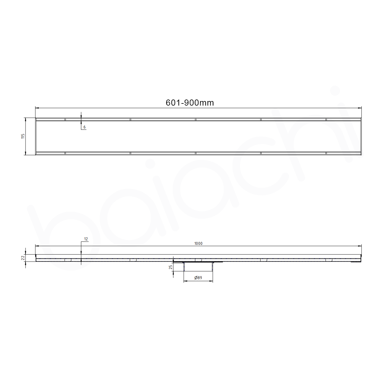 601-900x115mm Linear Tile Insert Adjustable Floor Waste Gun Metal