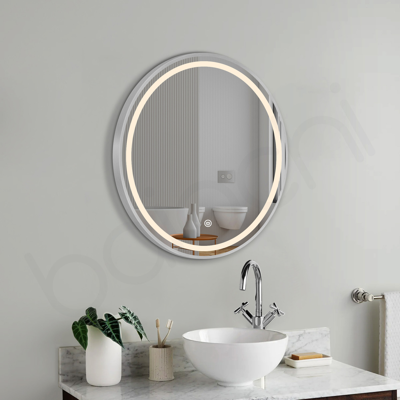 Otus LED 600 Round Frame Mirror Brushed Silver