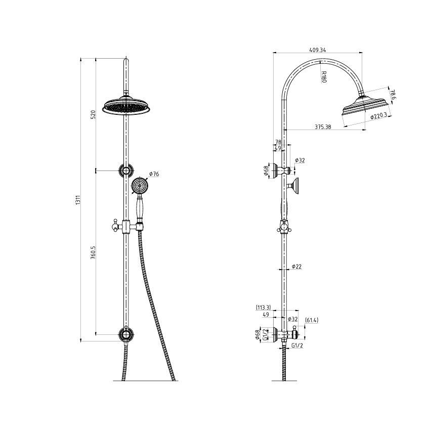 Ikon Clasico Combination Shower Set Brushed Gold