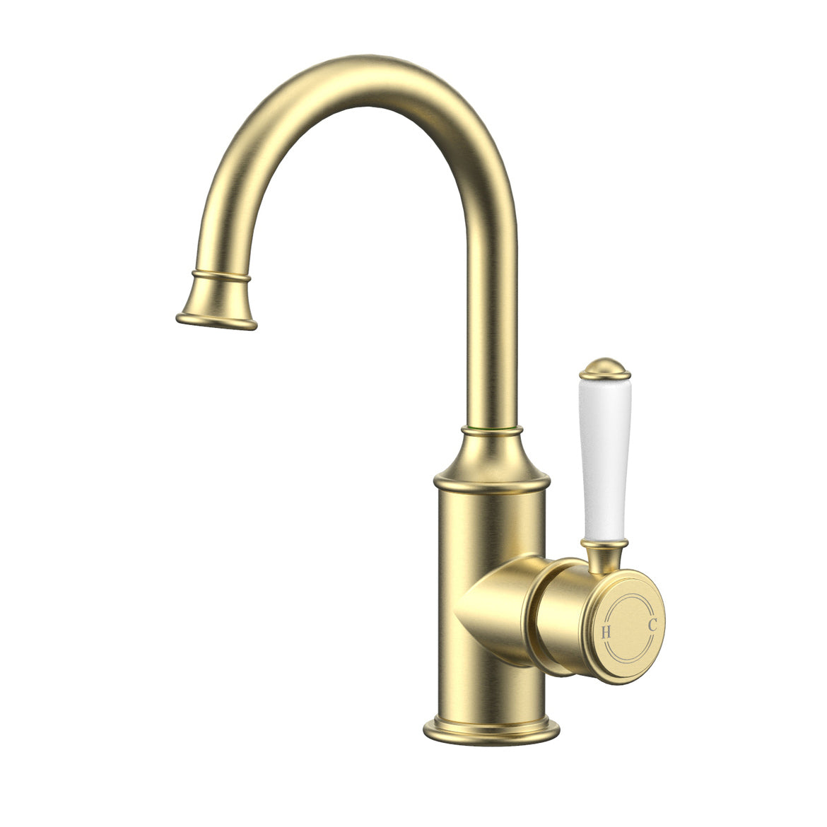 Ikon Clasico Gooseneck Basin Mixer Ceramic Handle Brushed Gold