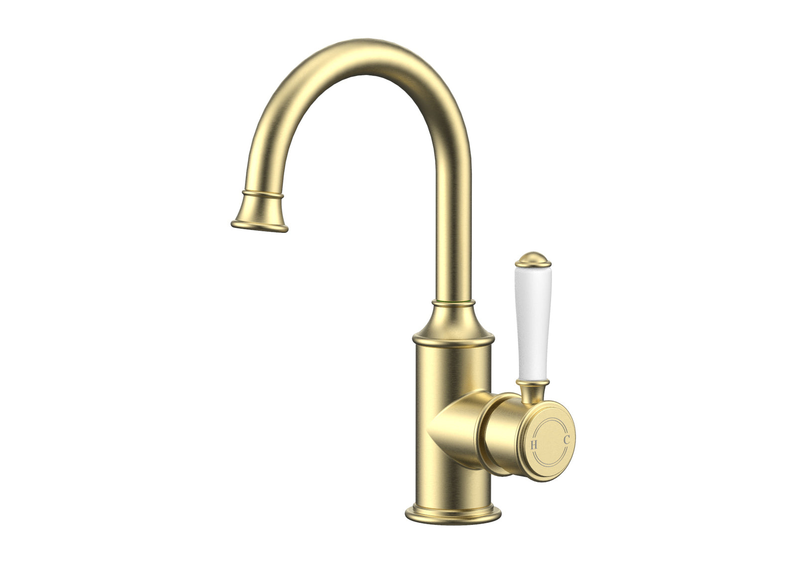 Ikon Clasico Gooseneck Basin Mixer Ceramic Handle Brushed Gold