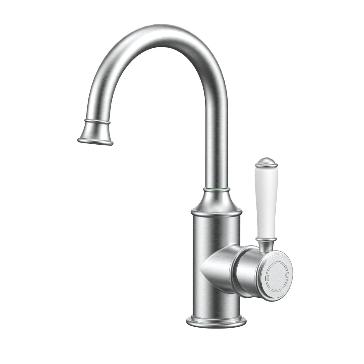 Ikon Clasico Gooseneck Basin Mixer Ceramic Handle Brushed Nickel