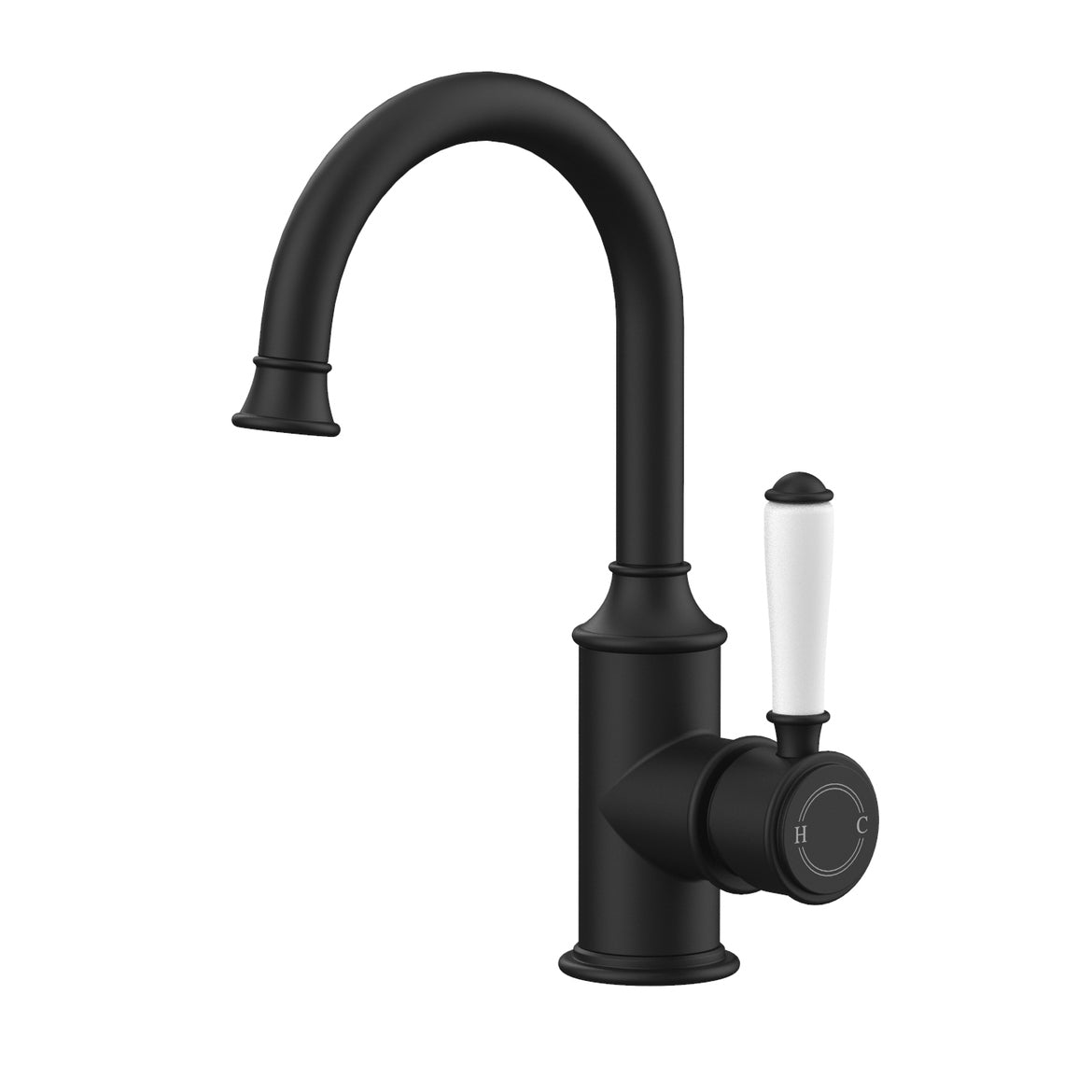 Ikon Clasico Gooseneck Basin Mixer Ceramic Handle Matte Black