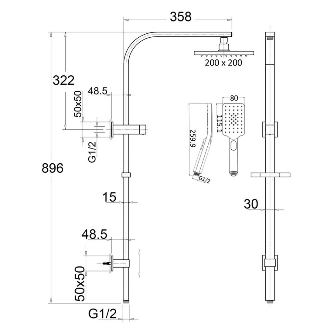 Eden Square Multi Function Shower Combo PVD Brushed Nickel