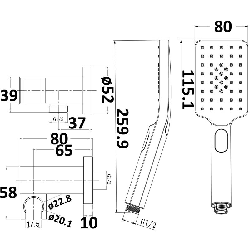 Eden Square Hand Shower On Wall Outlet Bracket Brushed Nickel