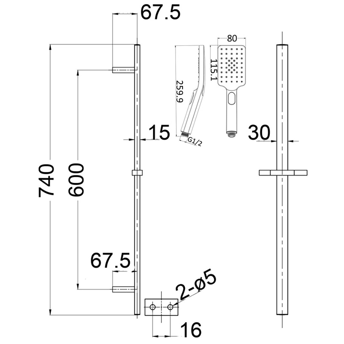 Eden Square Sliding Shower Set Brushed Nickel