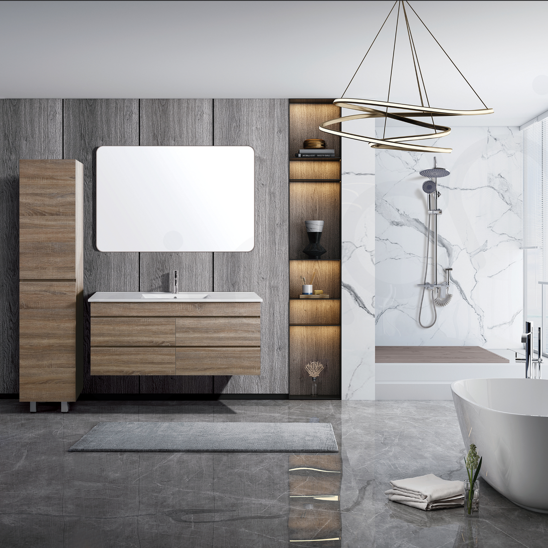 Vellena 1200mm PVC Water Proof Prime Oak Wall Hung Bathroom Vanity Calacatta Quartz Stone