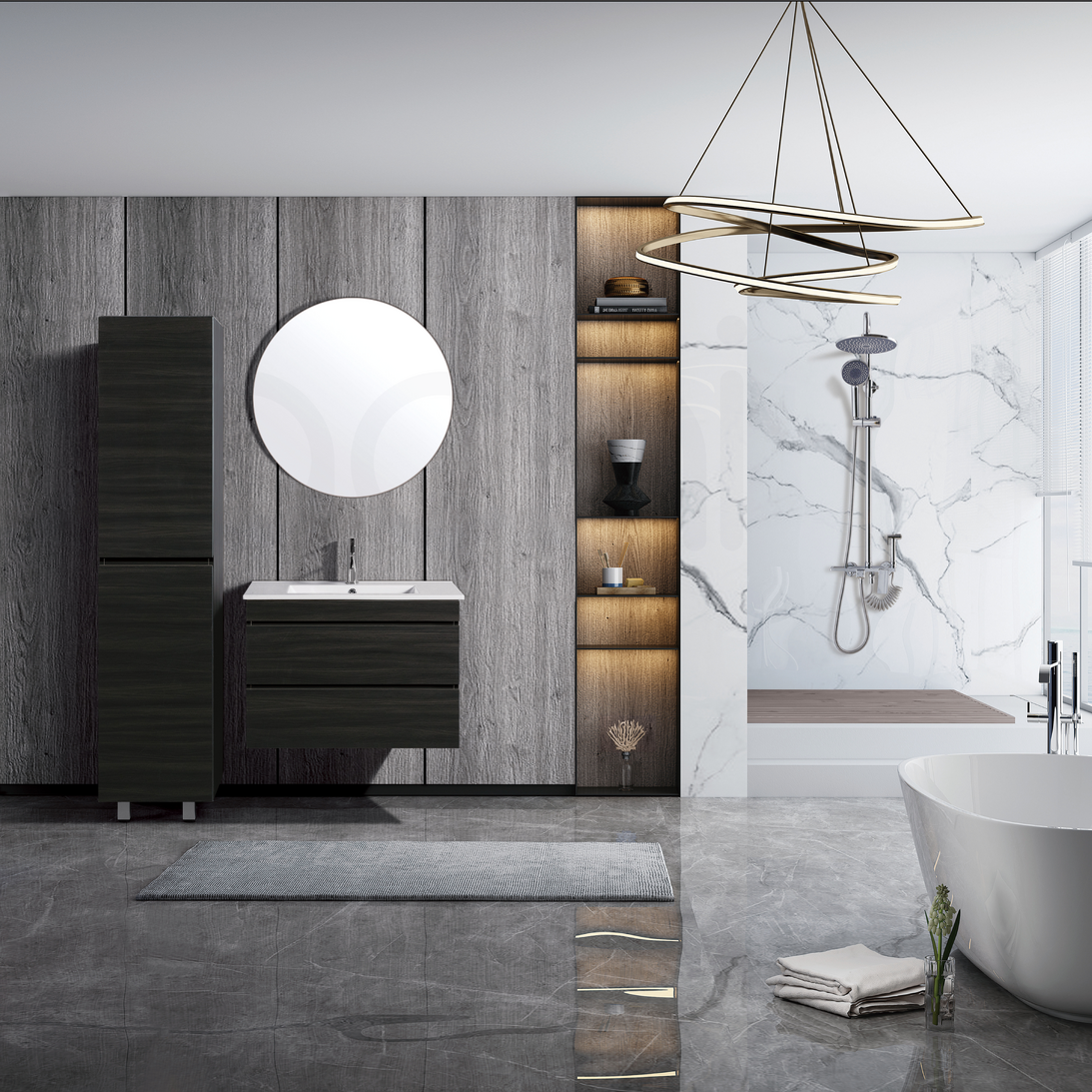 Vellena 750mm PVC Water Proof Empire Oak Wall Hung Bathroom Vanity Calacatta Quartz Stone