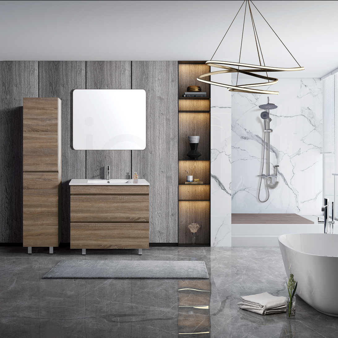 Vellena 900mm PVC Water Proof Prime Oak Bathroom Vanity Ceramic Basin