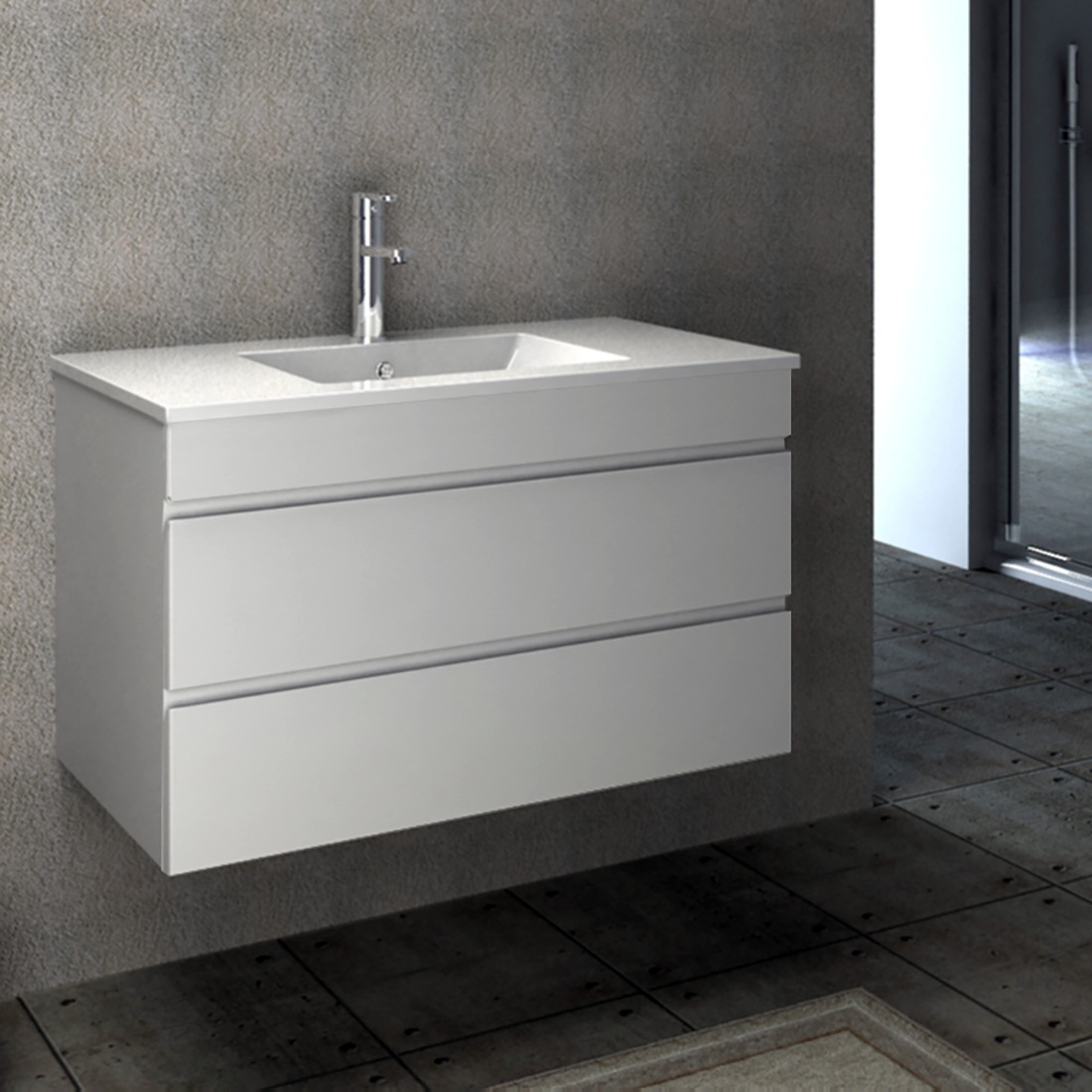 Vellena 900mm PVC Water Proof Matte White Wall Hung Bathroom Vanity Ceramic Basin