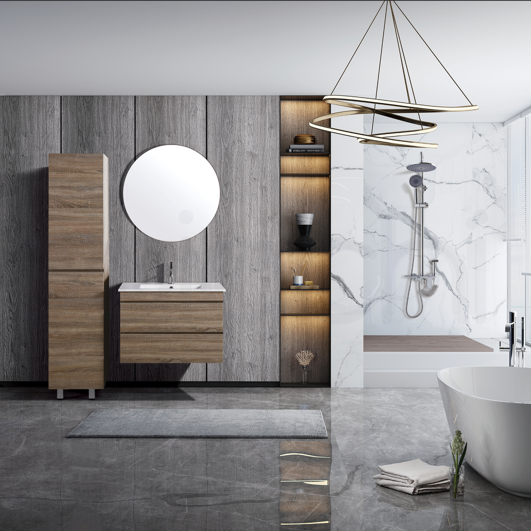 Vellena 900mm PVC Water Proof Prime Oak Wall Hung Bathroom Vanity Ceramic Basin